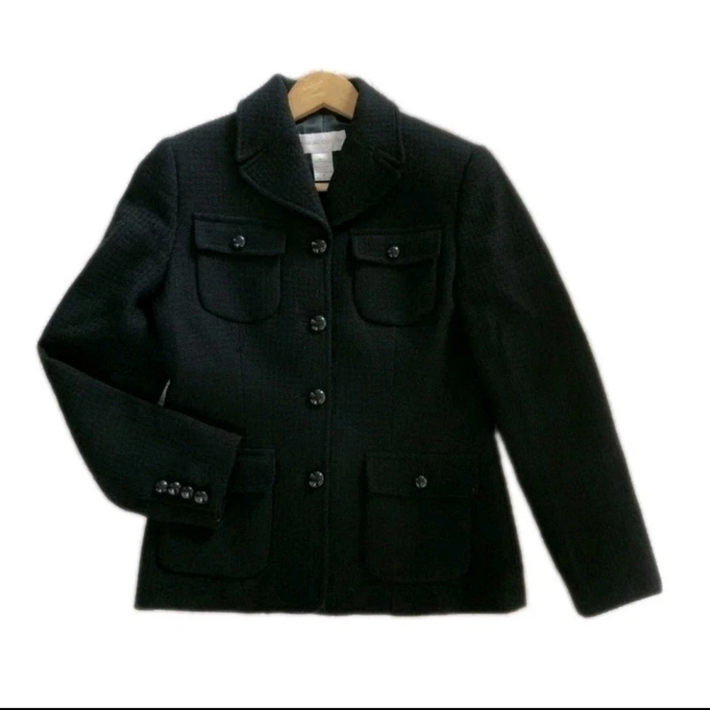 Vintage Black 100% Wool Button Down Blazer Jacket Lined Size:10